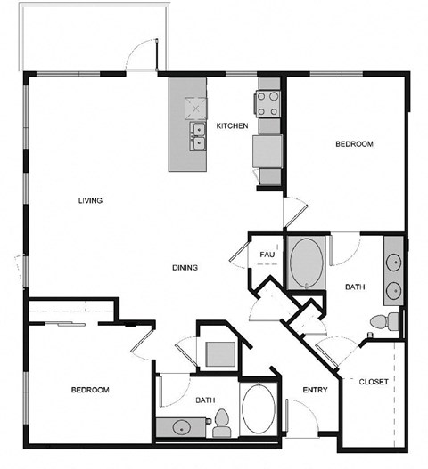 Floor plan for 2 beds, 2 baths, 1260 sqft